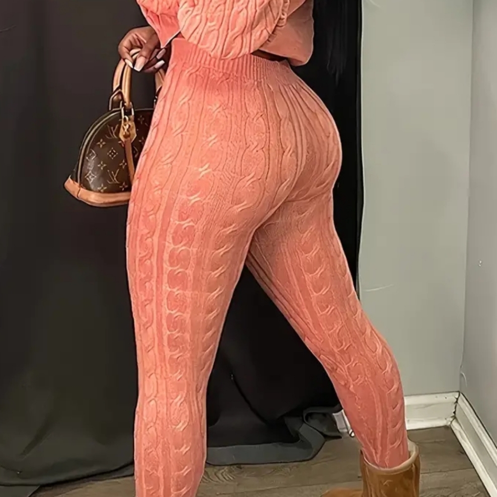Solid knitted two-pieces set, long sleeves zip up hooded cardigan & waist pants
